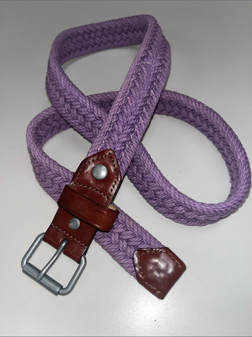 Eddie Bauer Lavender Braided Belt with Brown Leather Trim Size L / XL